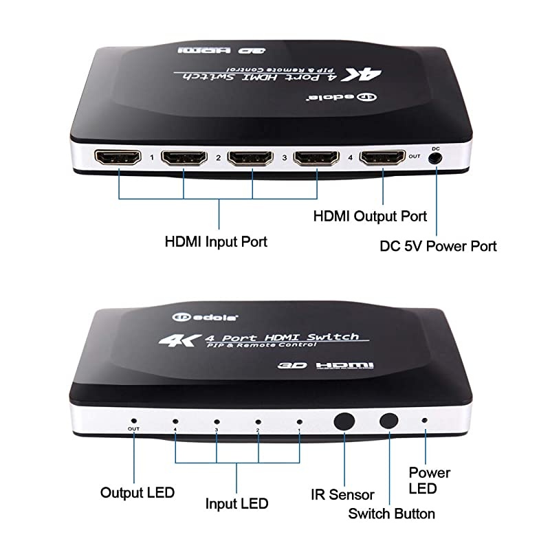 4 Port HDMI Switch,  4x1 HDMI Switch Hub Port 4 in 1 Out Vertical HDMI Switcher with PIP and IR Wireless Remote Control Supports 4K x 2K, 1080P, 3D, Compatible with Xbox/PS4/Apple/Fire TV