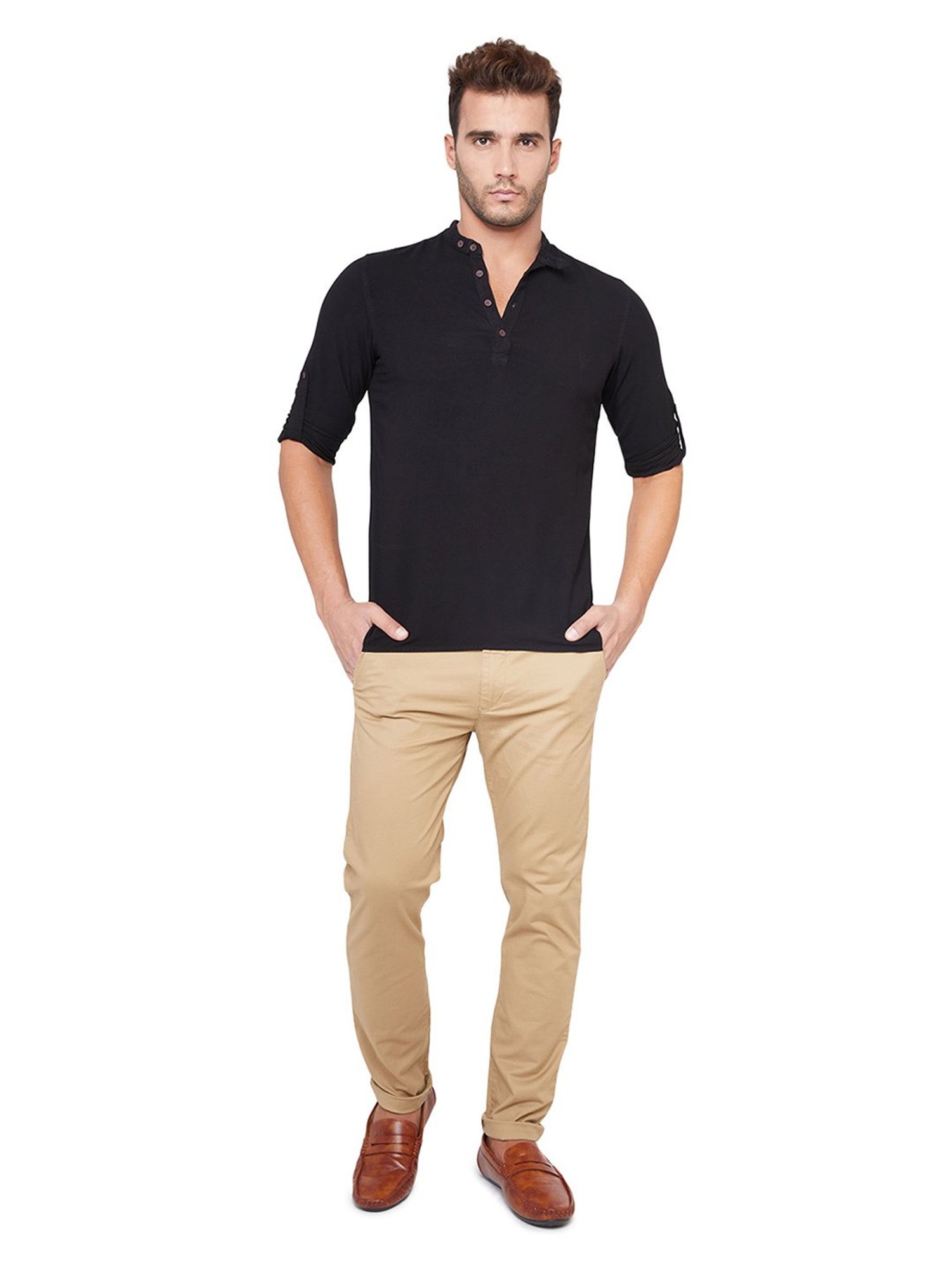 Identiti Black Solid Slim Fit Short Kurta