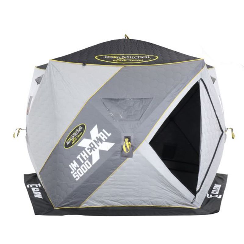 Clam 14471 Portable 4-6 Person 9 Foot Jason Mitchell X500 Ice Fishing Angler Thermal Hub Shelter Tent with Anchors, Tie Ropes, and Carrying Bag