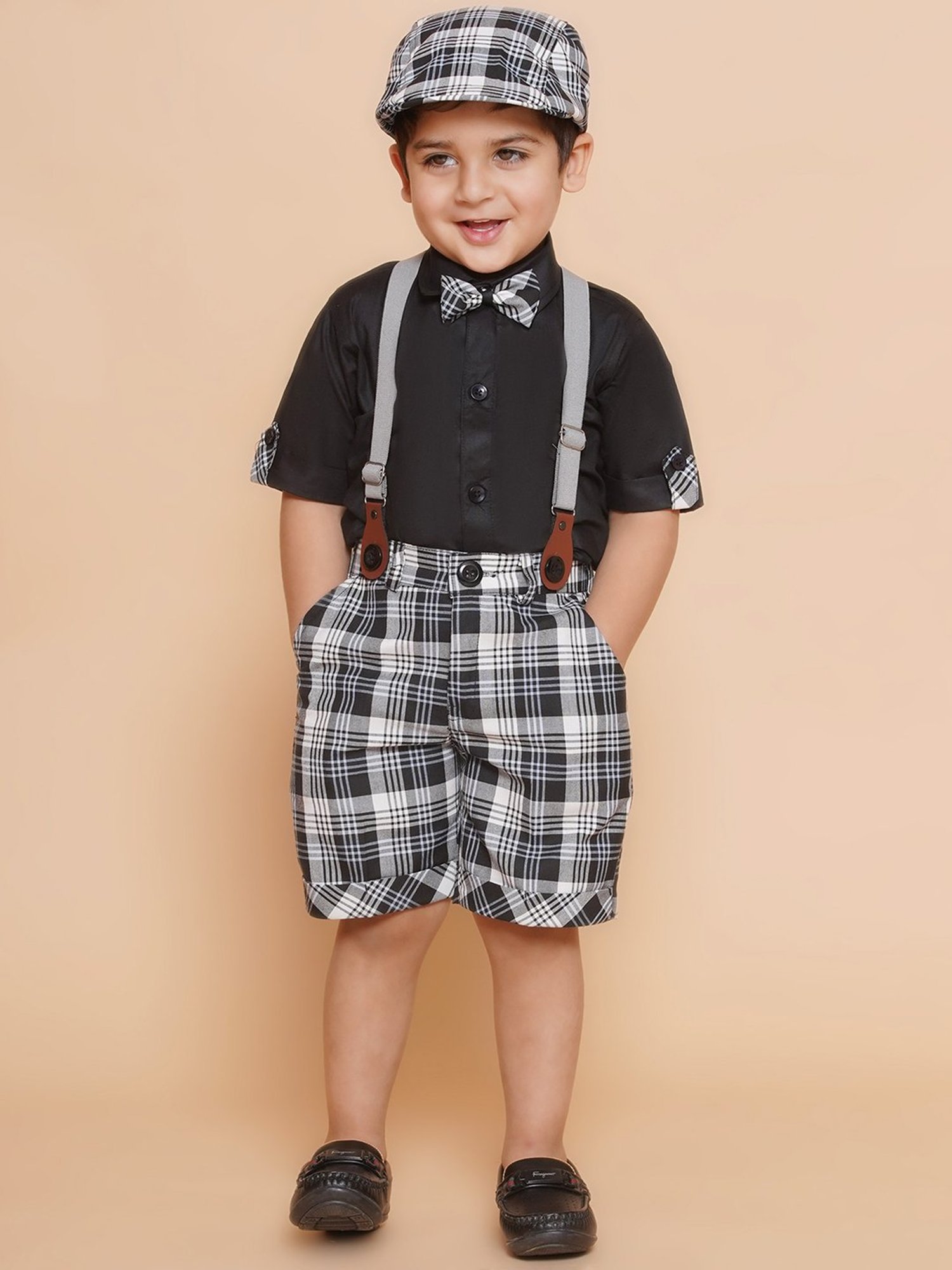 AJ Dezines Kids White & Black Checks Shirt, Shorts, Suspender, Bow & Cap