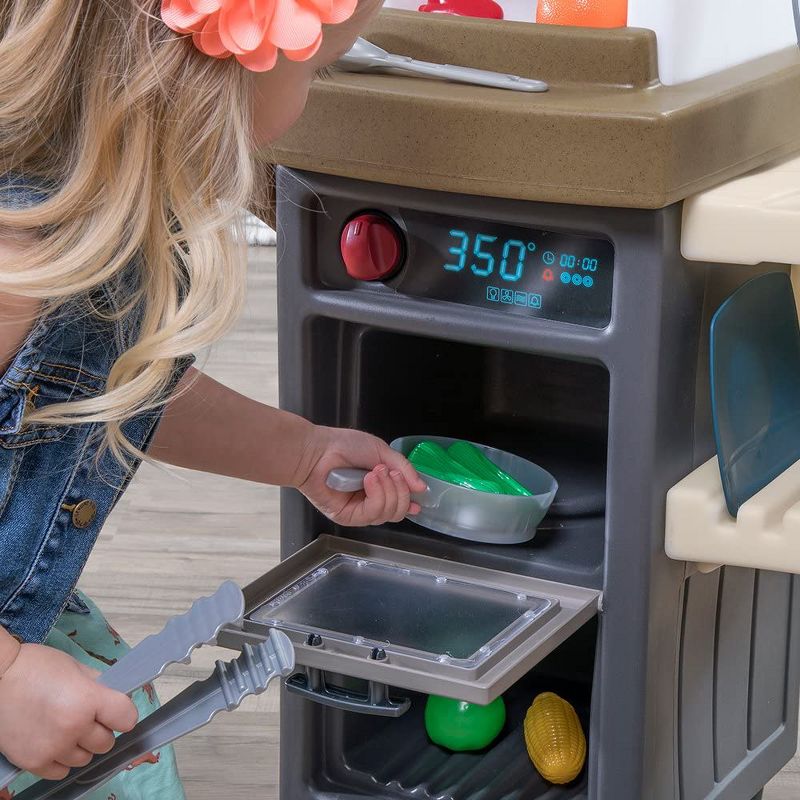 Step2 Coffee Bean Cafe Kids Play Pretend Mini Kitchen Shop Playset with 40 Piece Accessory Set, Microwave Oven, and Fridge for Toddler Food Cooking