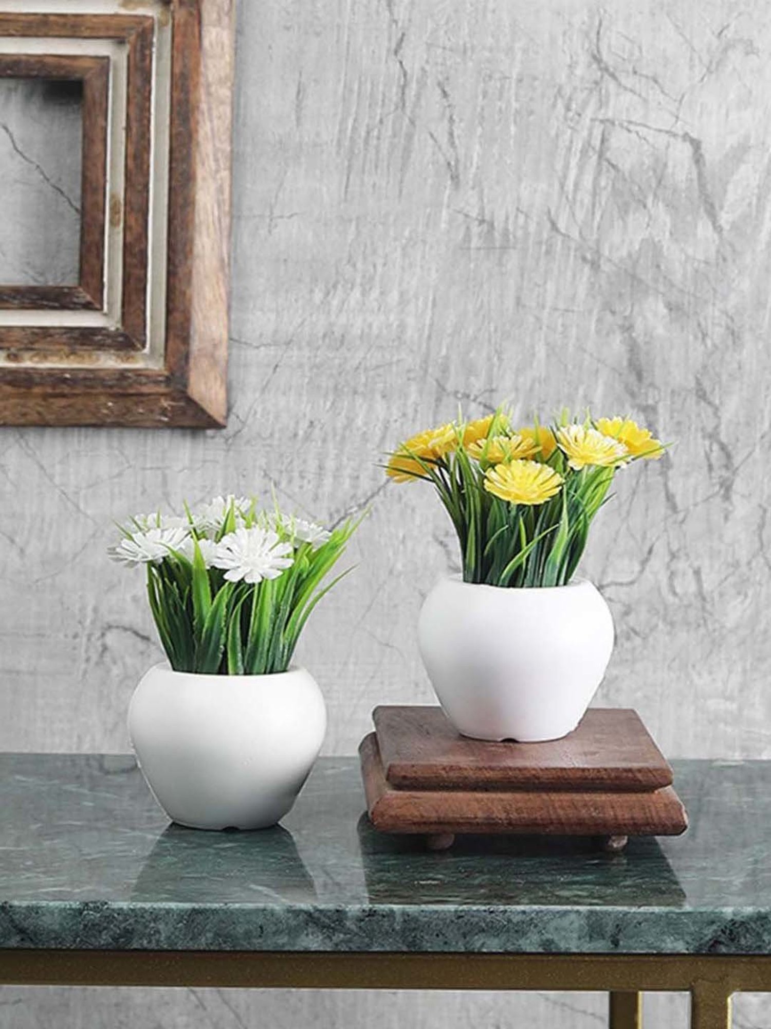 Foliyaj Yellow & White Plastic Artificial Mini Gerbera Plant With Thin Long Leaves - Set of 2