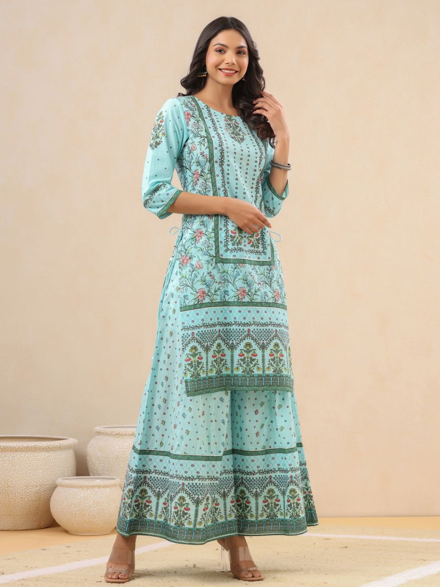 Juniper Turquoise Floral Print Kurta Palazzo Set