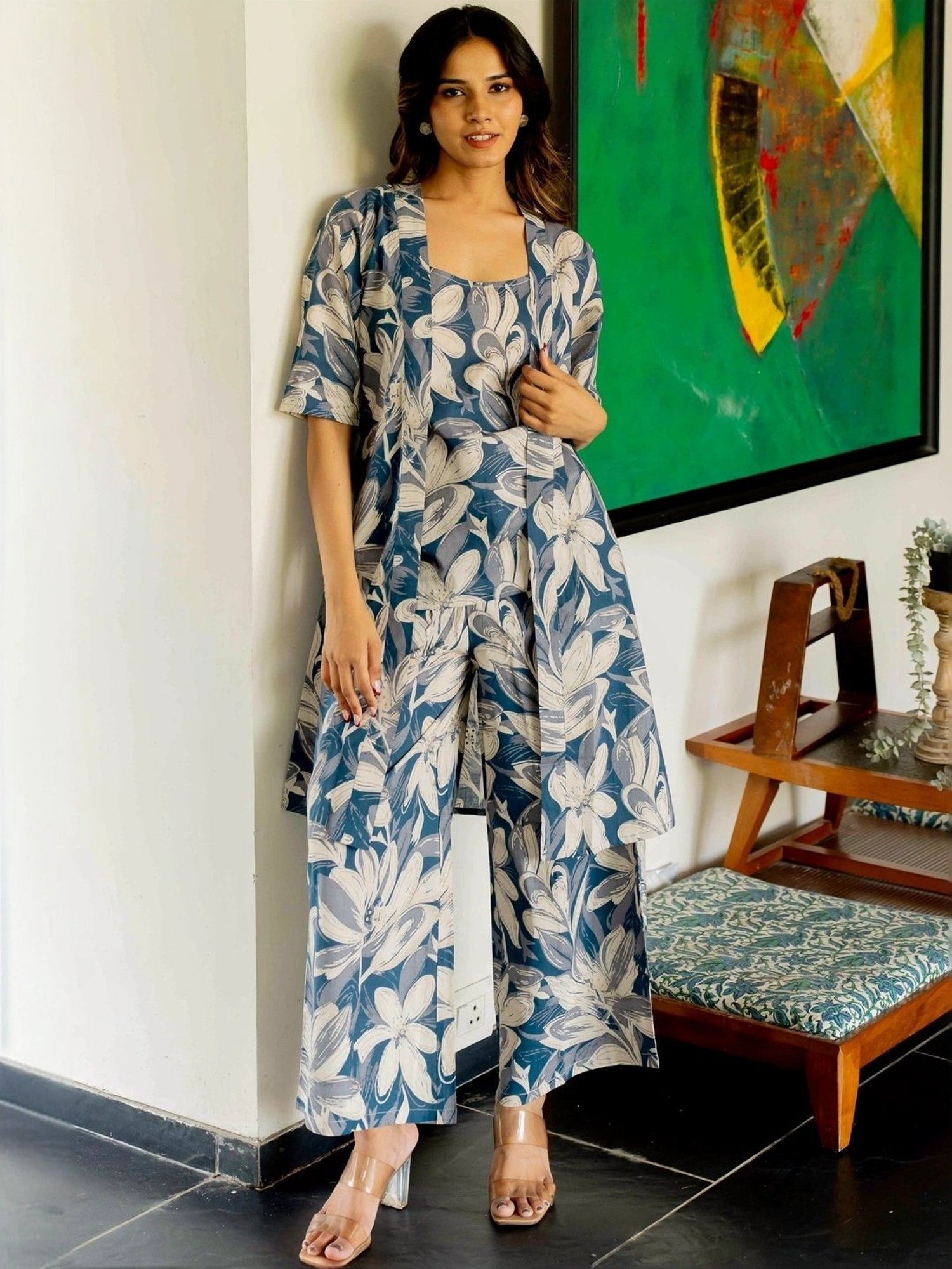 MIRCHI FASHION Blue Cotton Printed Top Palazzo Set With Shrug