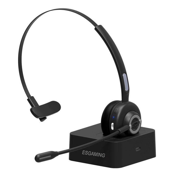 Trucker Bluetooth Headset with Microphone Noise Cancelling, ESGAMING Wireless Headset 5.0 Handsfree Cell Phone Headset with Charging Base Mute Function for Home Office Call Center Skype