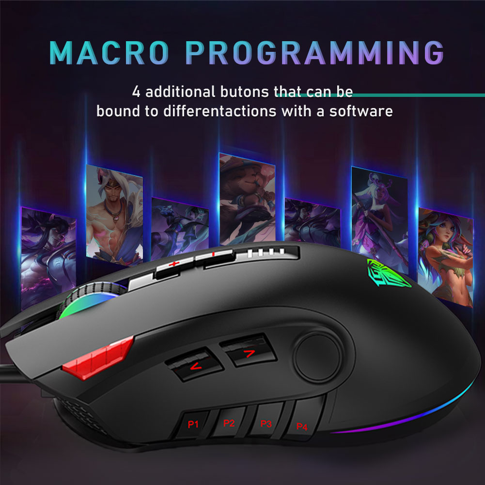 AULA RGB Gaming Mouse with Side Buttons Macro Programming 10000 DPI Adjustable 14 Key Wired USB Backlit Mouse for Desktop Laptop - H510 White