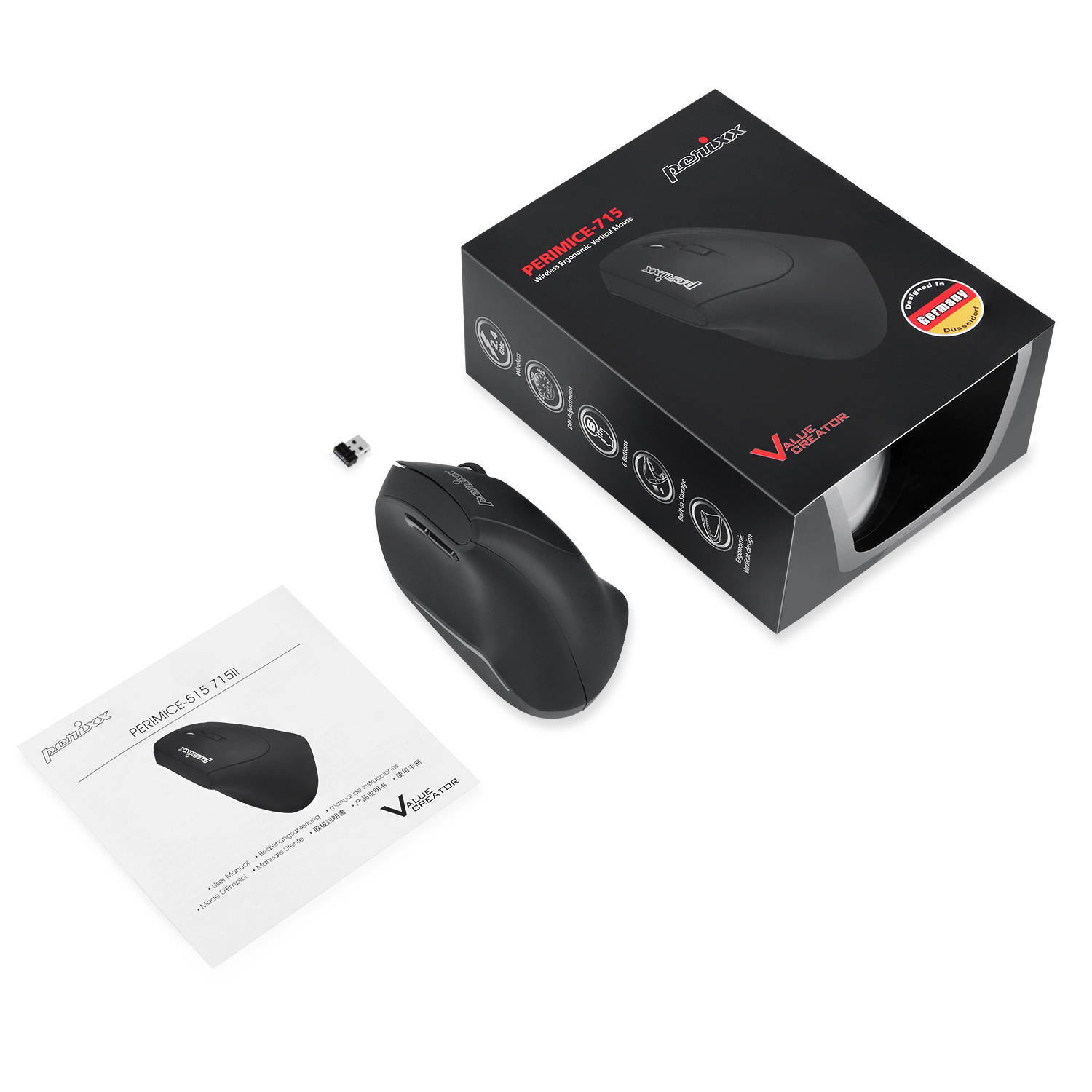 Perixx PERIMICE-804 Ergonomic Bluetooth 3.0 Wireless Vertical Optical Mouse - 6 Buttons, 3 Adjustable (800/1200/1600) DPI - for Windows, Android Tablet and PC - Right Handed - Black -AES 128 bit