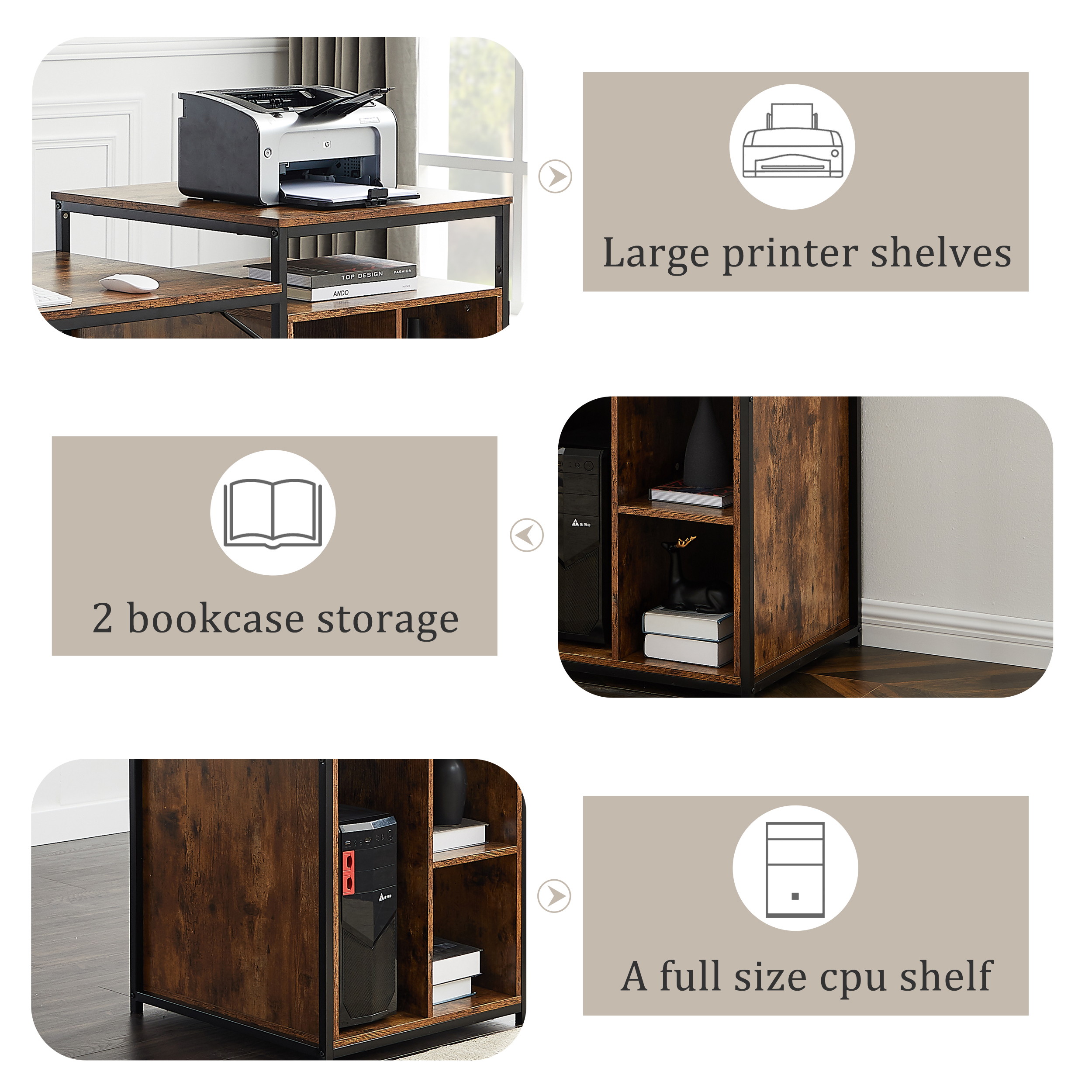 Home Office Computer Desk Writing PC Table Gaming Desk with Storage Shelf CPU storage space and Printer Stand Space Saving Design