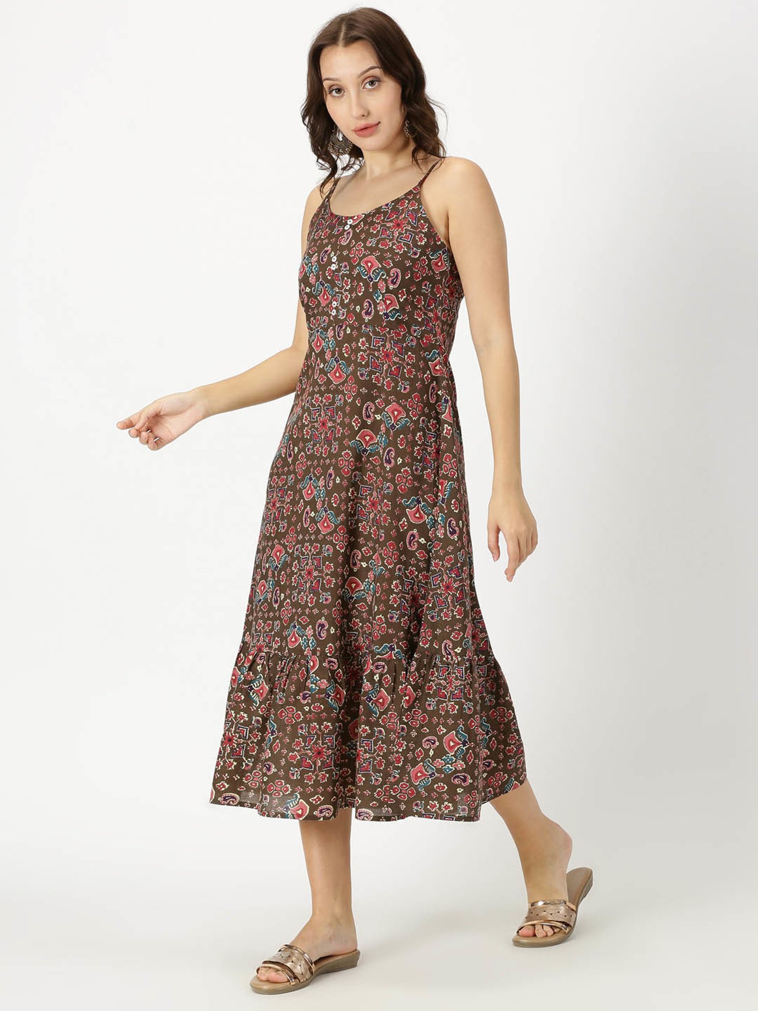 Saffron Threads Brown Cotton Printed Ethnic Dress