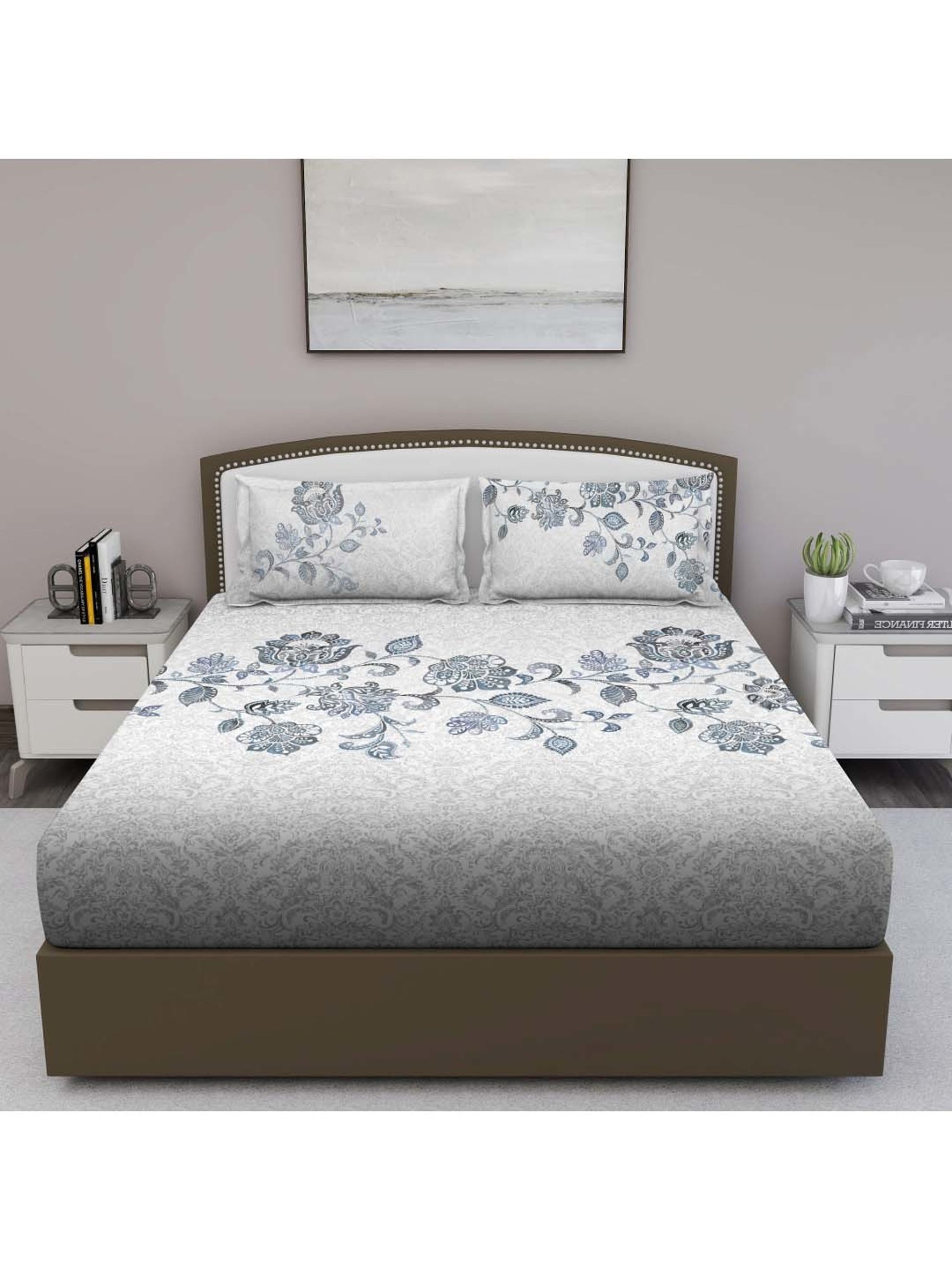 GM 'Fiesta' Grey & White Cotton 180 TC Double Bedsheet with 2 Pillow Covers
