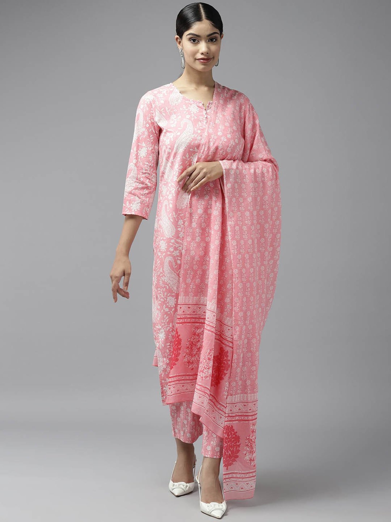 Prakrti Pink Cotton Printed Kurta With Pant & Dupatta