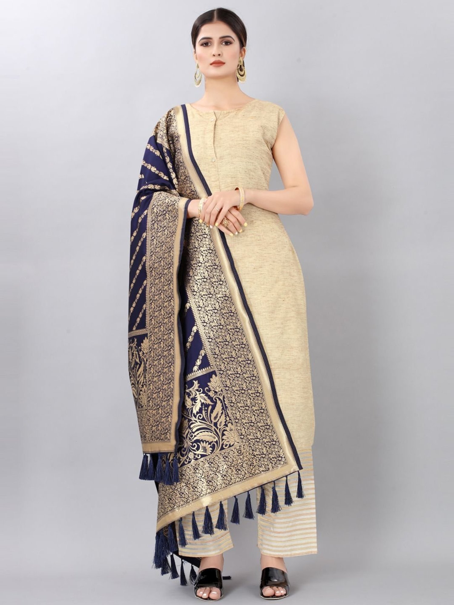 Silk Land Navy Woven Pattern Dupatta