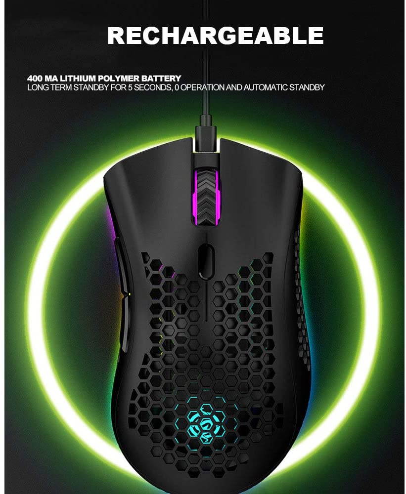 Lightweight Gaming Mouse, 2.4G Wireless Mouse Honeycomb Design Rechargeable Wireless Gaming Mouse with USB Receiver RGB Backlight Computer Mouse for Laptop PC (Black)