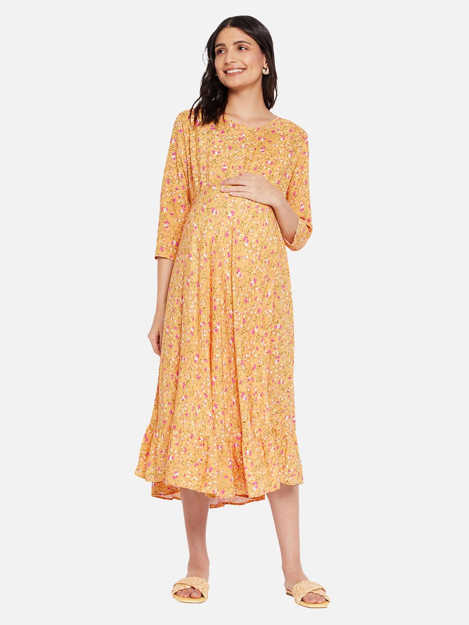 Hypernation Yellow Rayon Floral Print Maternity Dress