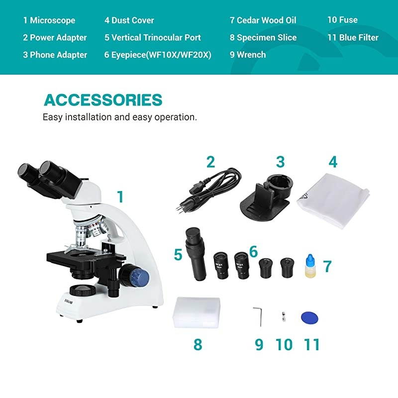 40X-2000X Microscopes for Students Adults 3W LED Compound Lab Microscope with Phone Adapter X-Y Mechanical Stage N.A = 1.25 Abbe Condenser 2 Types of Power Supplies