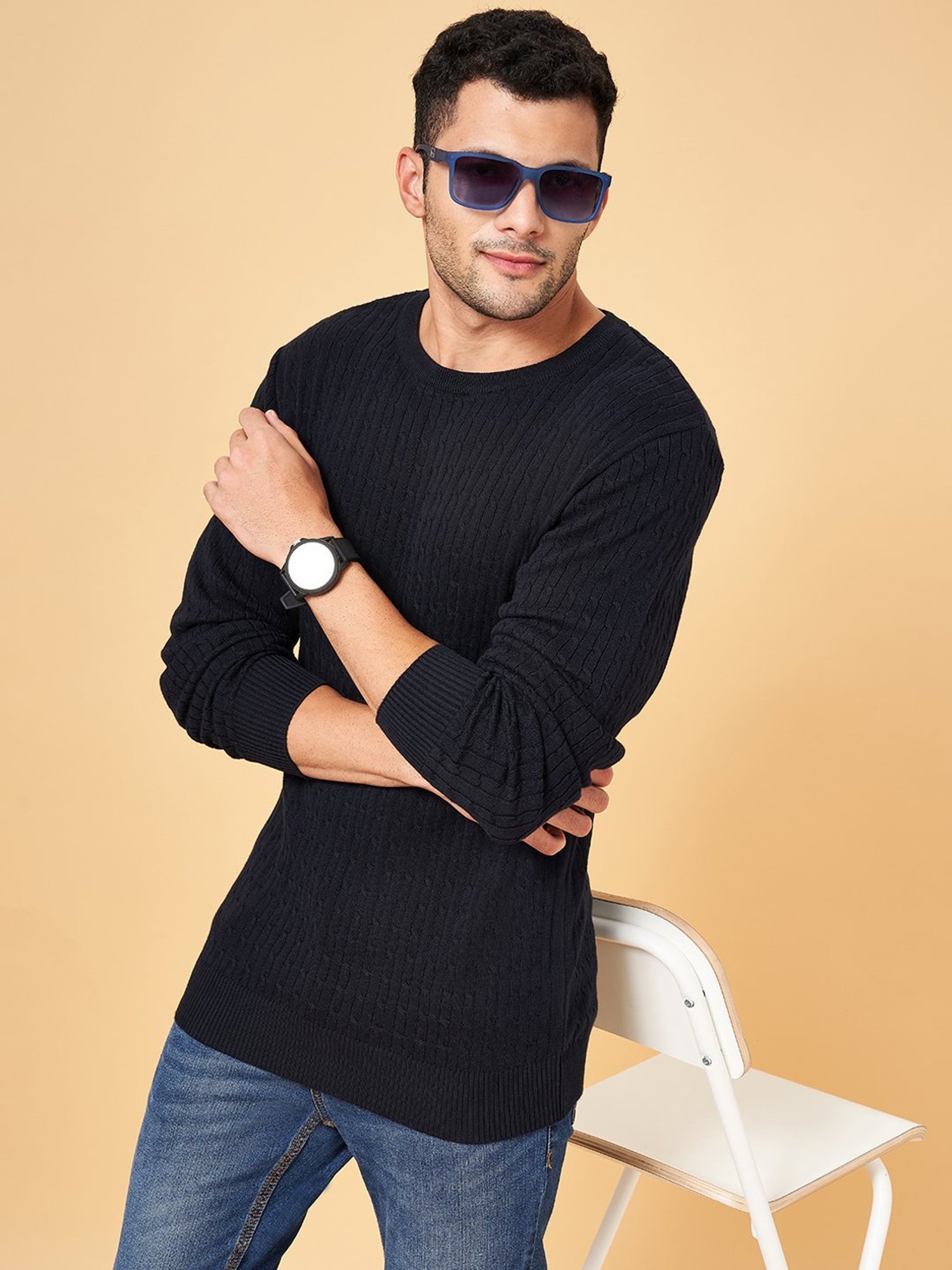 Byford by Pantaloons Navy Cotton Slim Fit Self Pattern Sweater