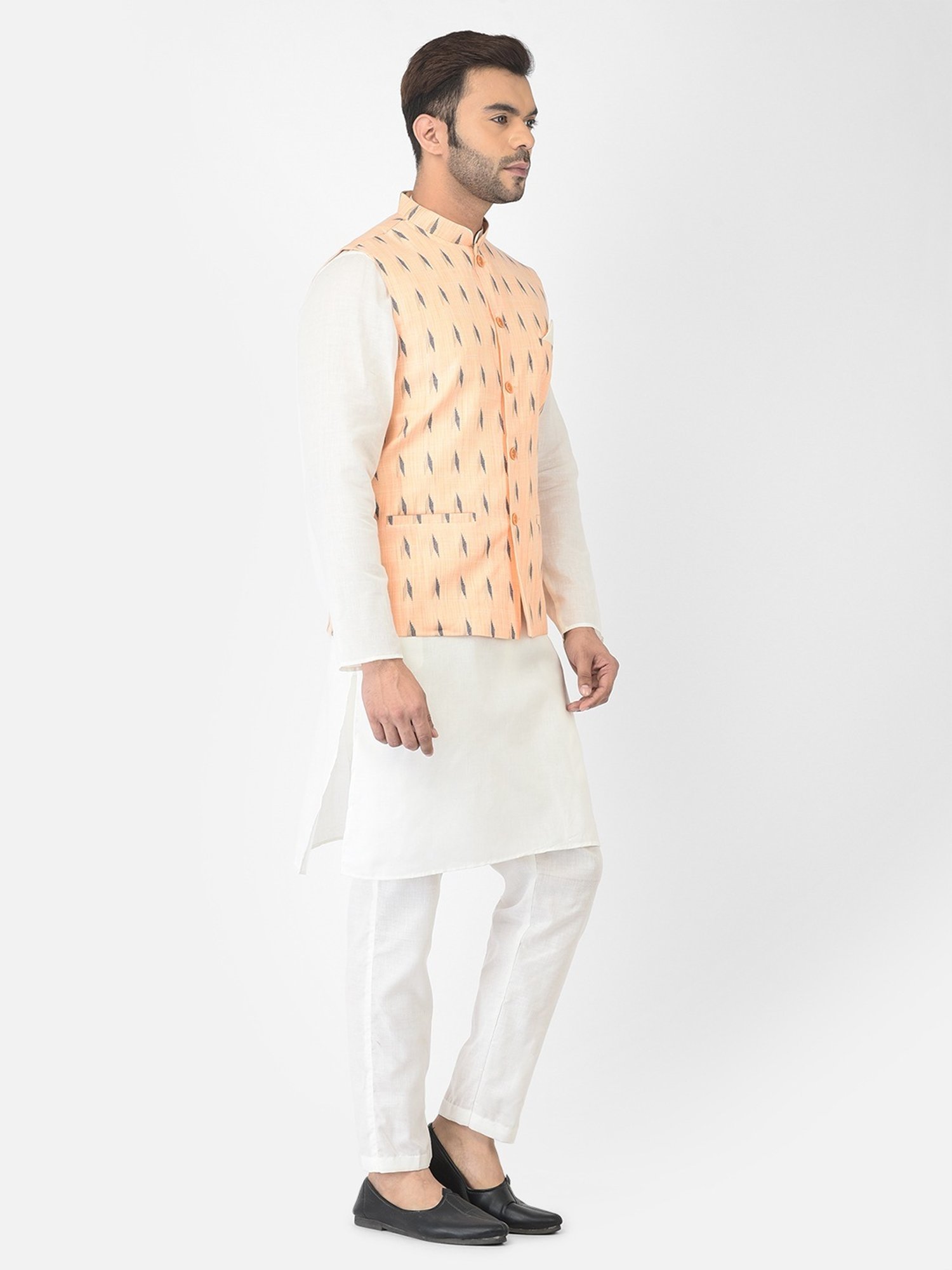 Deyann White & Orange Cotton Regular Fit Printed Kurta Set With Jacket