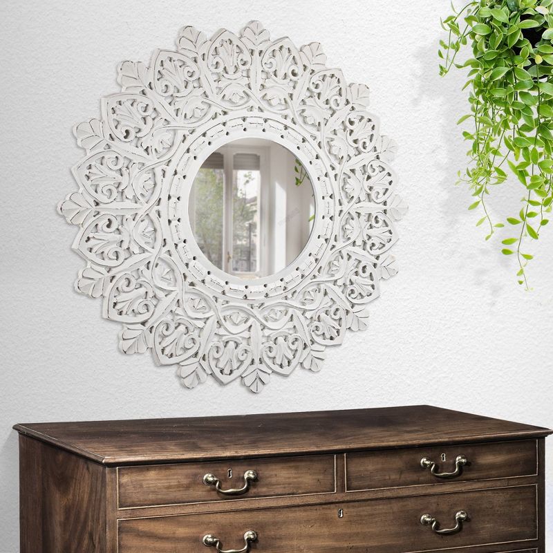 Hand Carved Wood Medallion Sunburst Accent Mirror White - Crystal Art Gallery