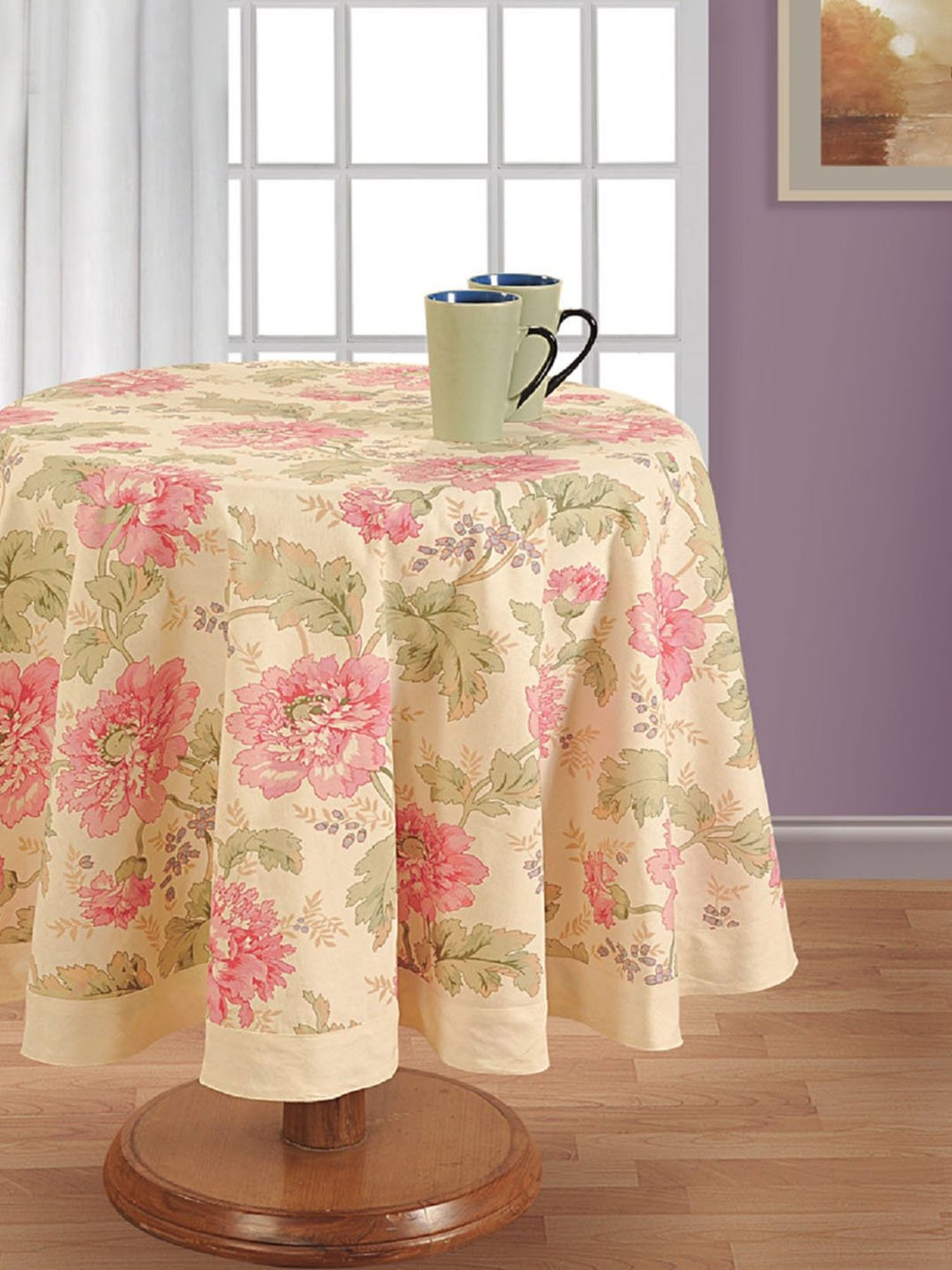 Swayam Beige & Pink 4 seater Cotton 200 TC Round Table Cover  - Set of 1