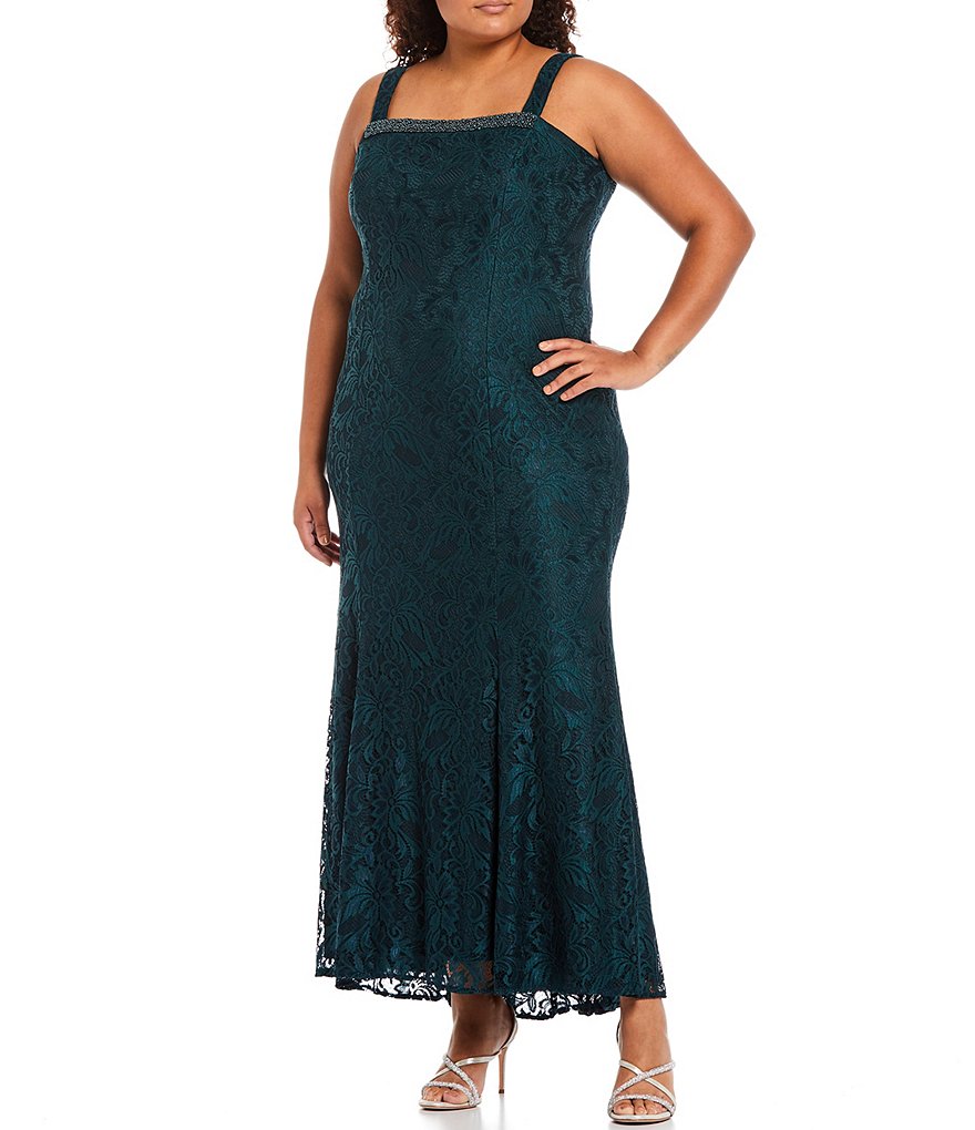 Le Bos Plus Size Embroidered Stretch Lace Square Neck 3/4 Sleeve 2-Piece Jacket Dress