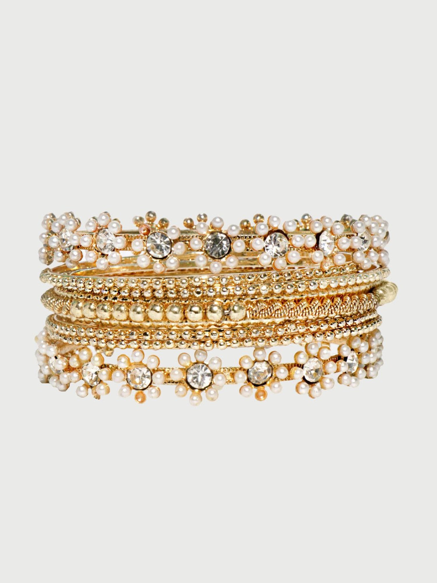 Fida Gold-Plated White Stone-studded & Beaded Bangle for Women - Set of 9