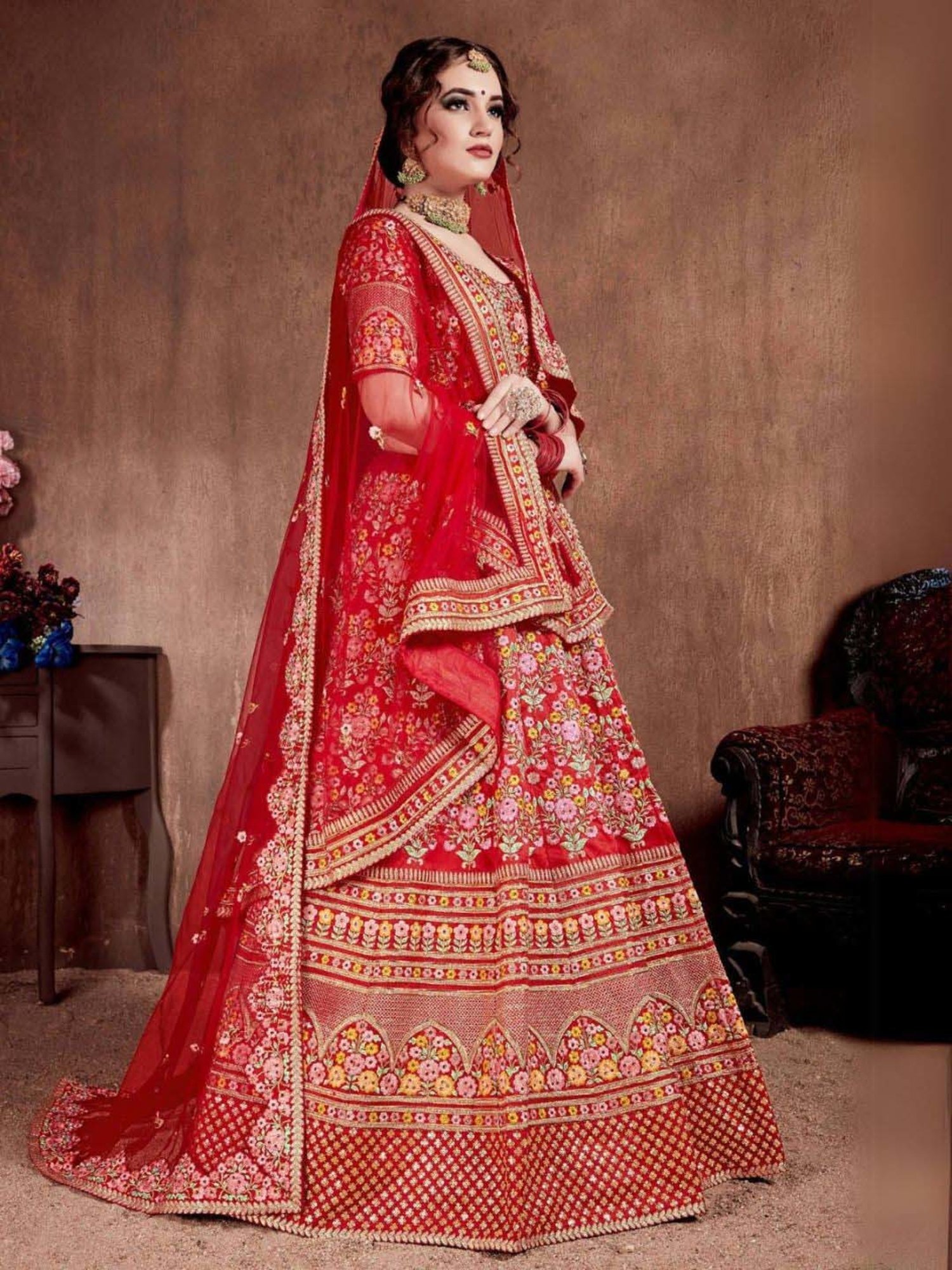 Odette Red Embroidered Lehenga Choli Set With 2 Pack of Dupatta