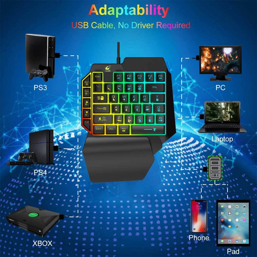 One Hand Gaming Keyboard and Mouse Combo, 39 Keys Wired Mechanical Feel Rainbow Backlit Half Keyboard, Support Wrist Rest, USB Wired Gaming Mouse for LOL/PUBG/Wow/Dota/OW/Fps Game