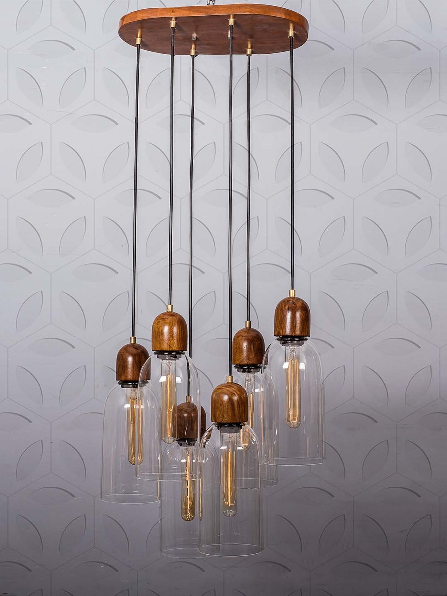 Fos Lighting Brown Modern Clear Glass & Wood 6 Light Pendant Light - Set of 1