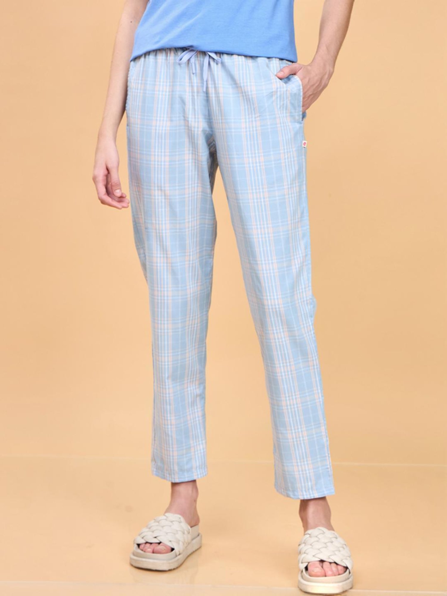 Enamor Brunnera Blue Cotton Chequered Lounge Track Pants