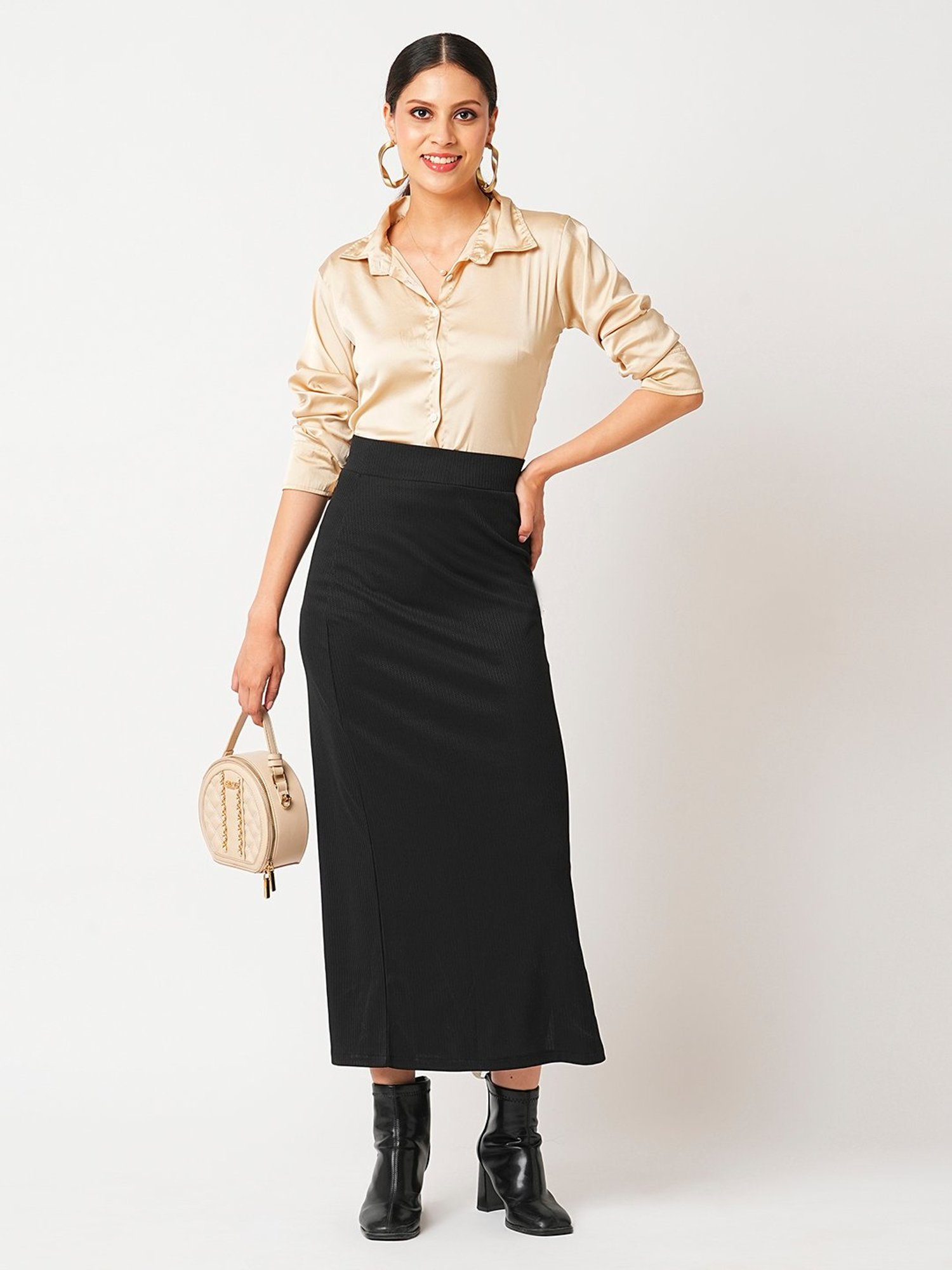 Globus Black Self Design Maxi Skirt