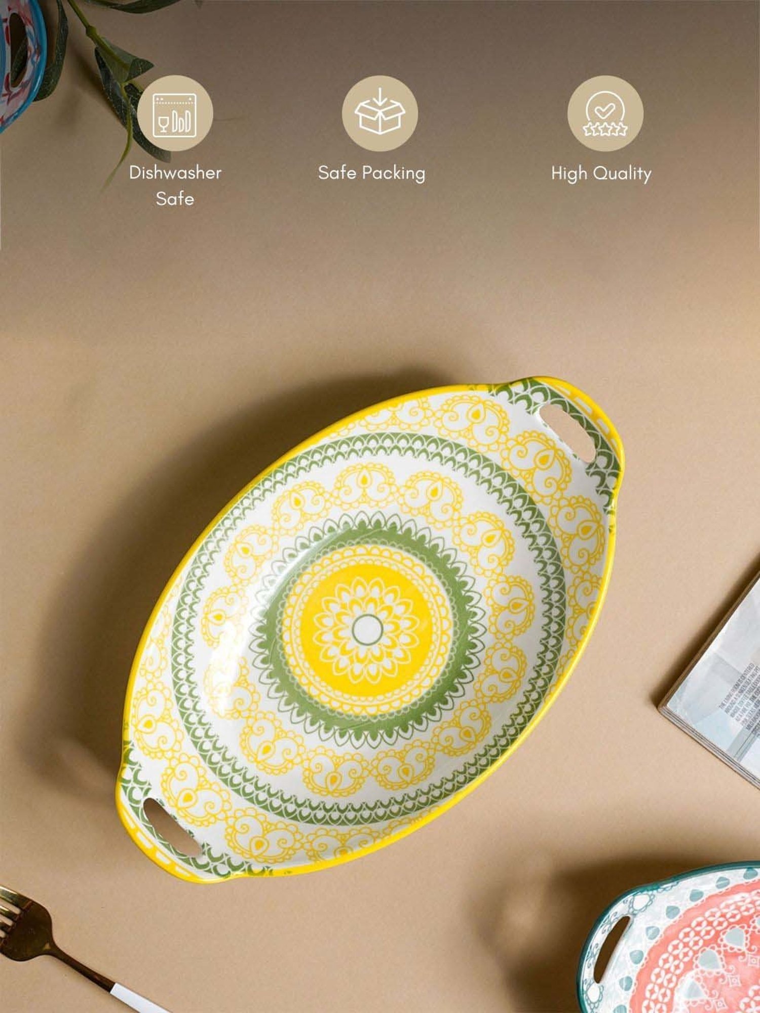 Nestasia Yellow and Green Mandala Ceramic Long Dish With Handles For Serving Snacks (10.8 Inch)