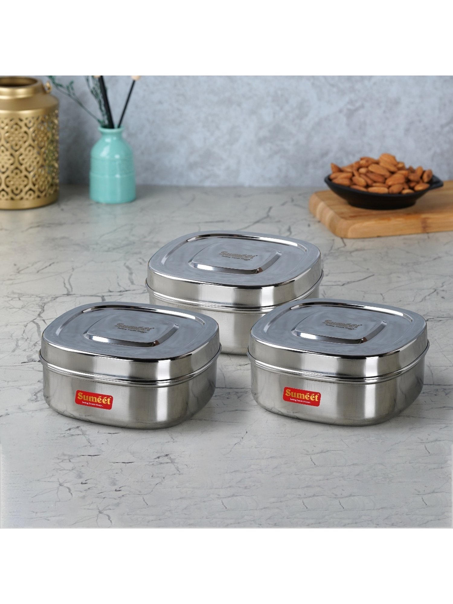 Sumeet S.S. Square Storage containers box/Dabba for Kitchen, Set of 3Pcs, 700ml, 12.5cm Dia, Silver