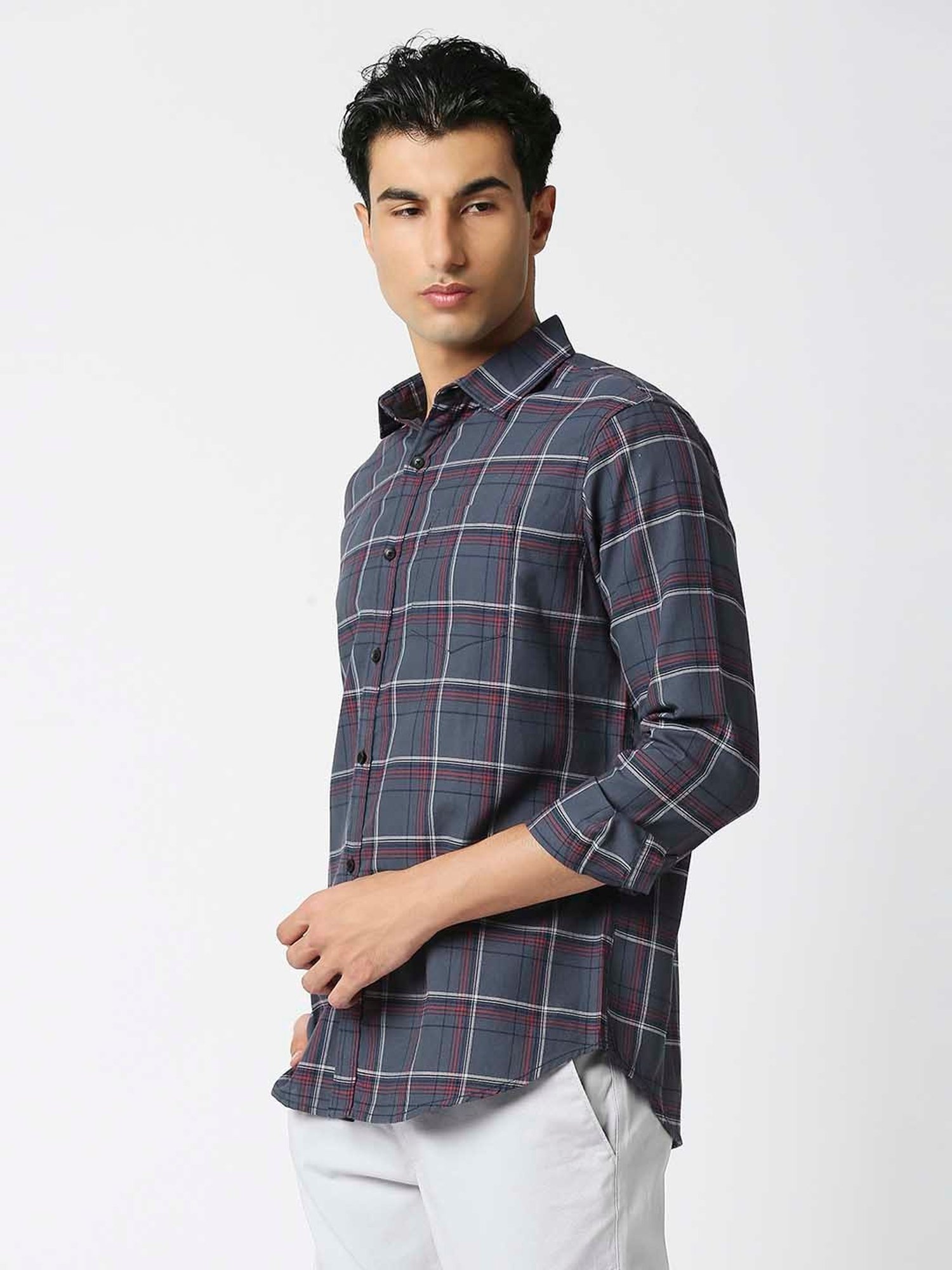 HJ HASASI Grey Slim Fit Check Cotton Shirt