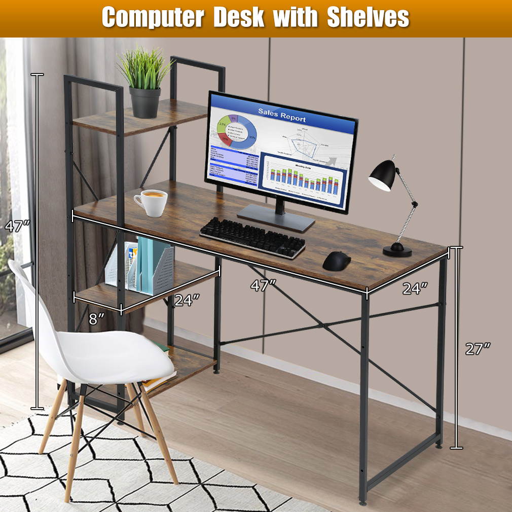 Computer Desk with Bookshelf Office Desk Gaming Desk Extra Large 47.2&rdquo;W x 23.6 Writing Student Girl Kids Study Desk Simple Modern Ergonomic Table Workstation,Vintage