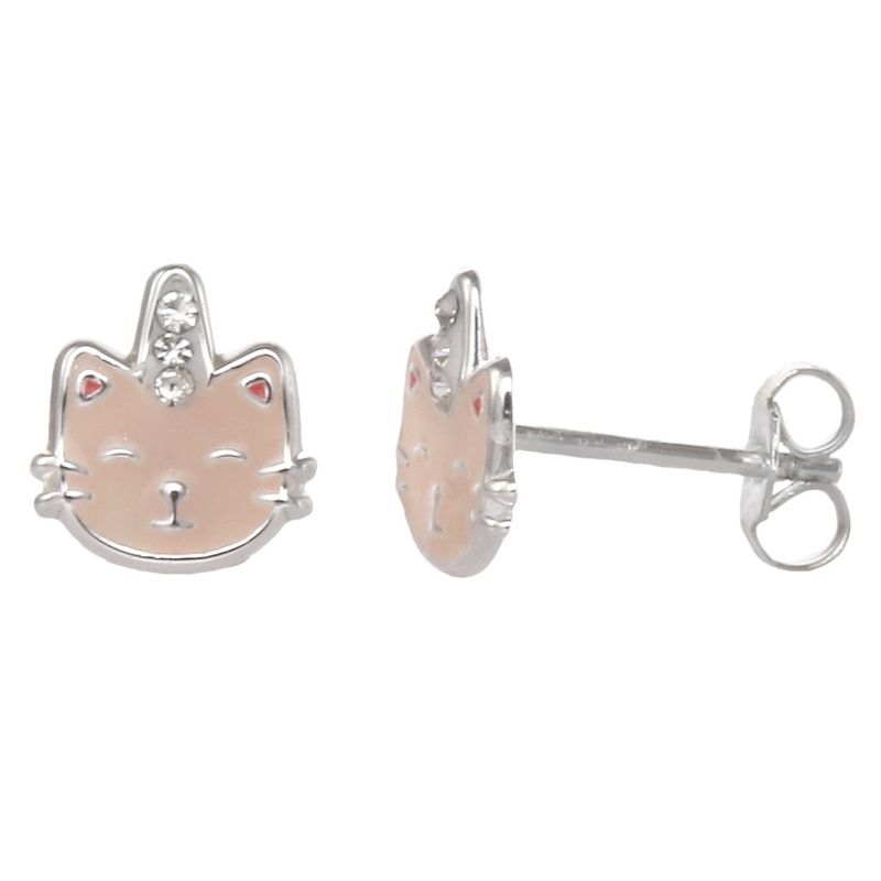 FAO Schwarz Sterling Silver Enamel Kitty Stud Earrings with Crystal Stone
