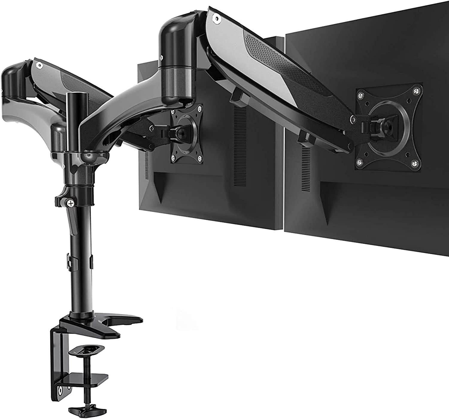Dual Monitor Stand - Height Adjustable Gas Spring Monitor Desk Mount Fits 2 Flat/Curved Computer Screens 15 to 27 Inch, Double Articulating Arms Vesa Bracket with C Clamp, Grommet Mounting
