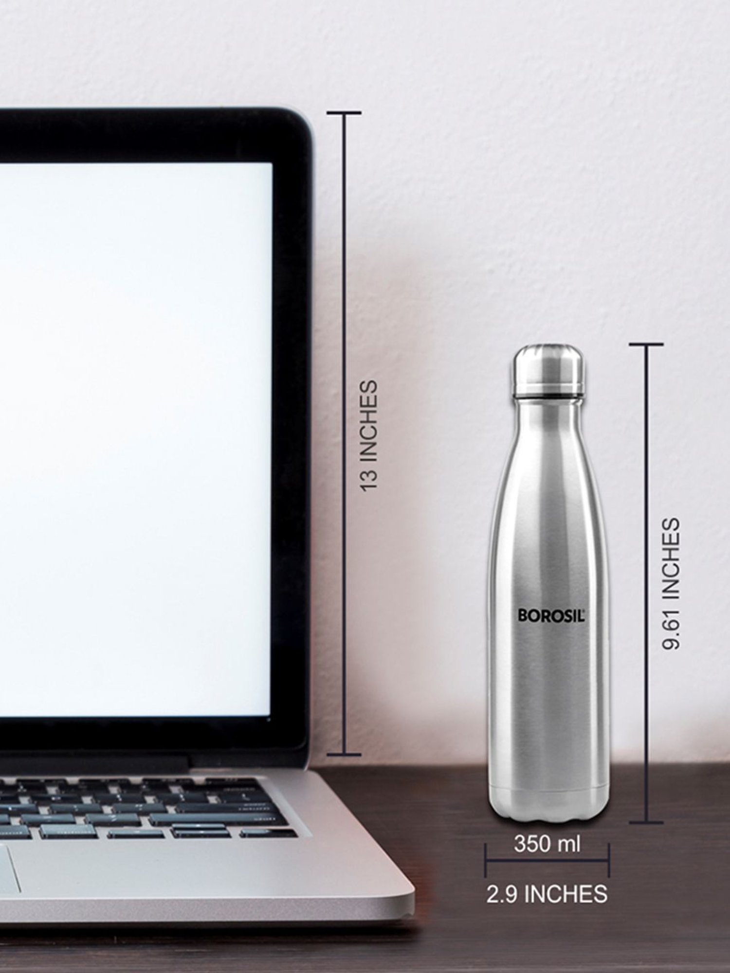 Borosil Silver Stainless Steel Hydra Bolt Vacuum Insulated Flask Water Bottle - 350 ml