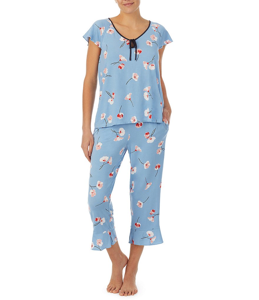 kate spade new york Floral Print Jersey Cropped V-Neck Short Flutter Sleeve Coordinating Pajama Set