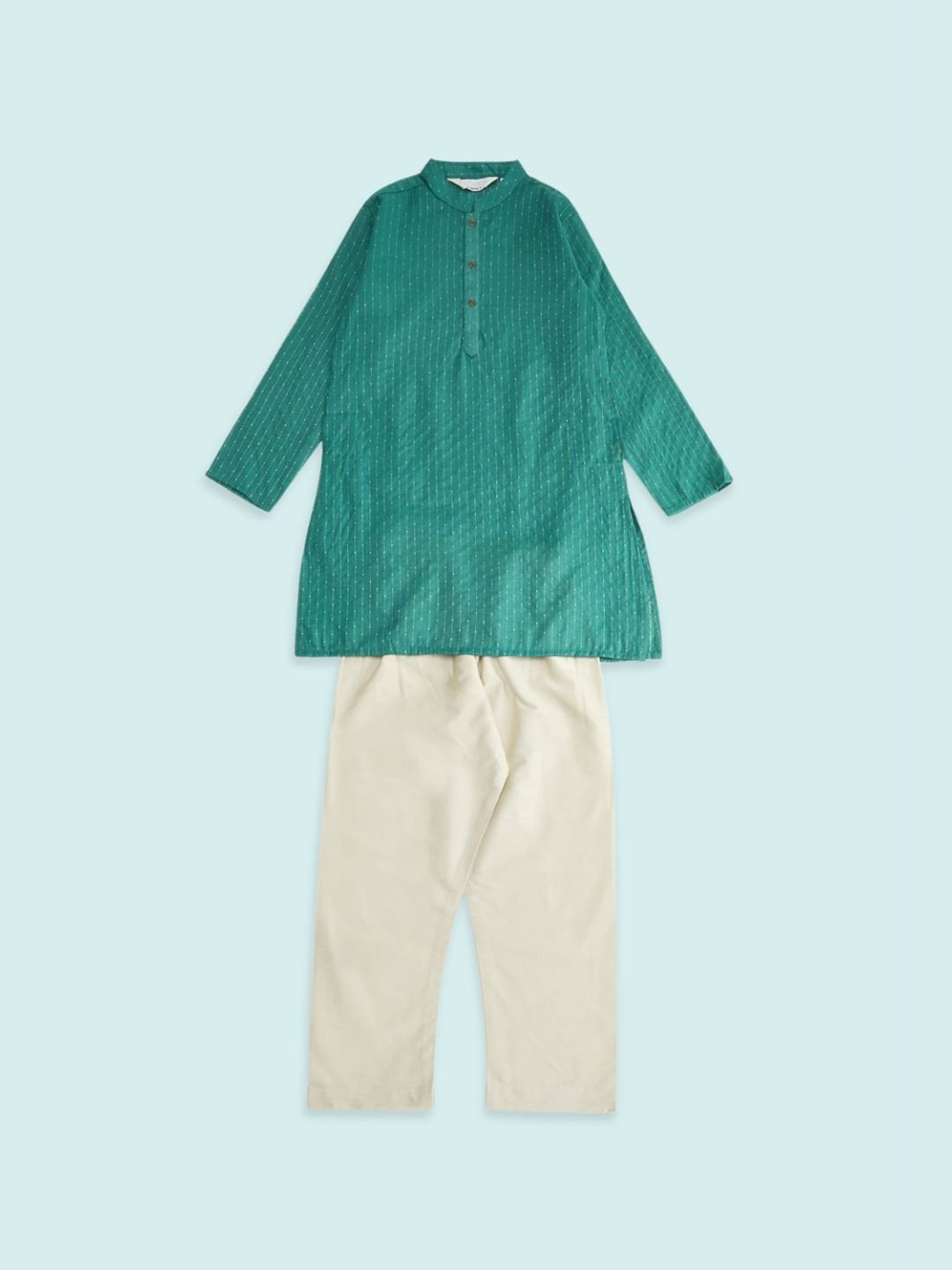 Indus Route by Pantaloons Kids Teal Blue & White Embroidered Full Sleeves Kurta Set