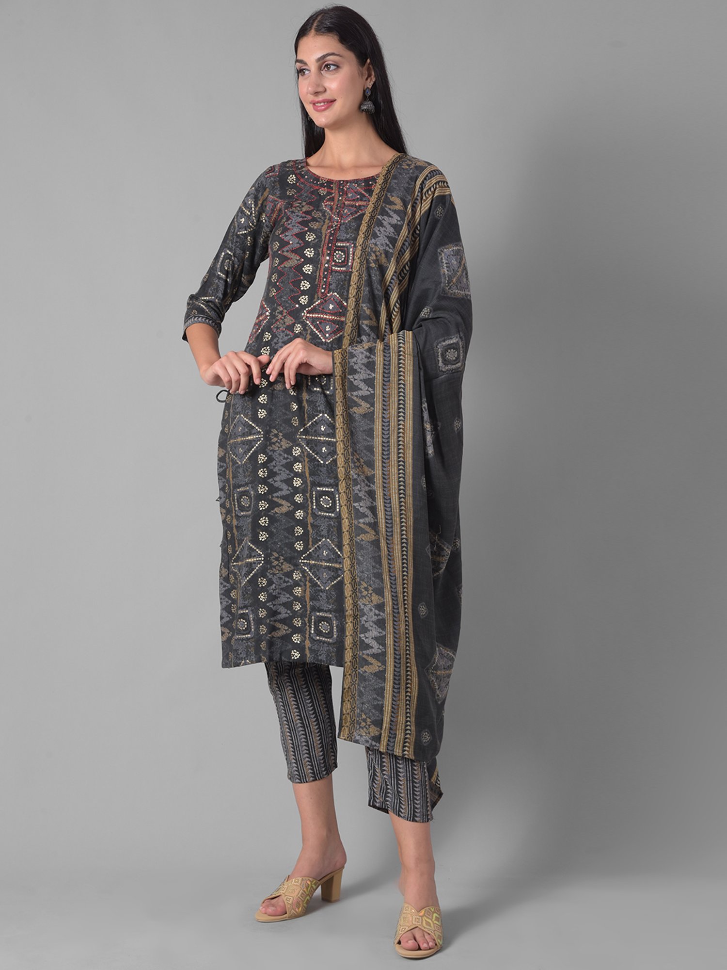 Dollar Missy Black Printed Kurta With Pants & Dupatta