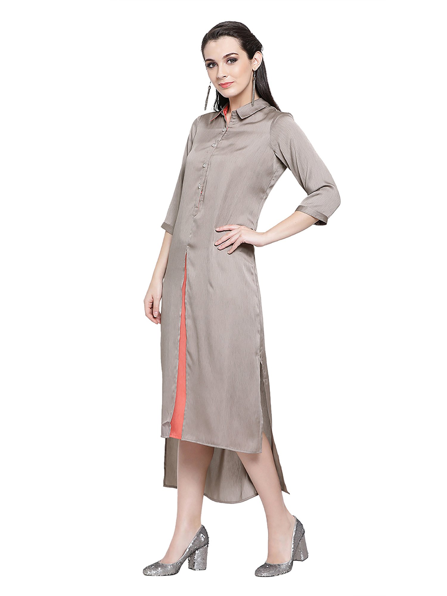Office & You Grey & Peach Asymmetrical Dress With Slit