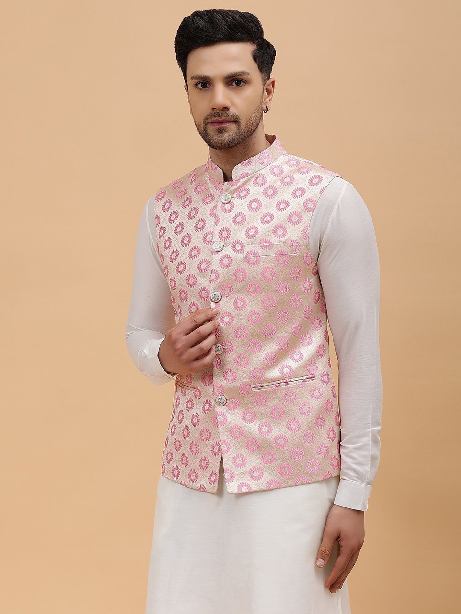 See Designs Gold & Pink Regular Fit Self Pattern Nehru Jacket