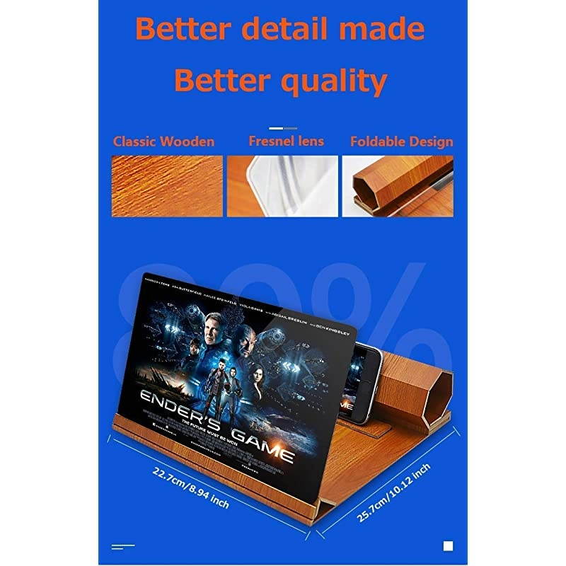 Screen Magnifier 12 inch Foldable Smart Phone Screen Amplifier Projector Movie Video Enlarger Wooden Phone Holder Stand with 3D Screen Magnifying Amplifying Glass for All Smart Phone Model