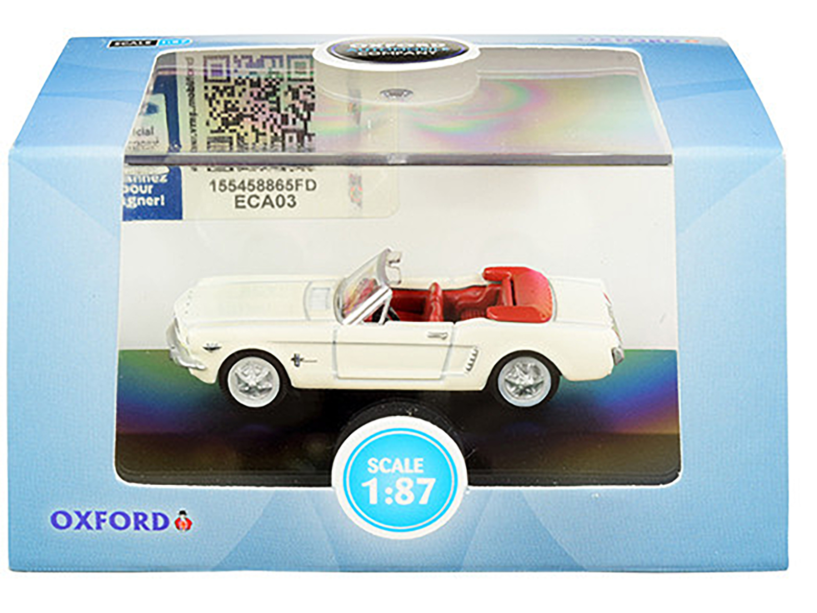 1965 Ford Mustang Convertible Wimbledon White (Goldfinger) with Red Interior 1/87 (HO) Scale Diecast Model Car by Oxford Diecast