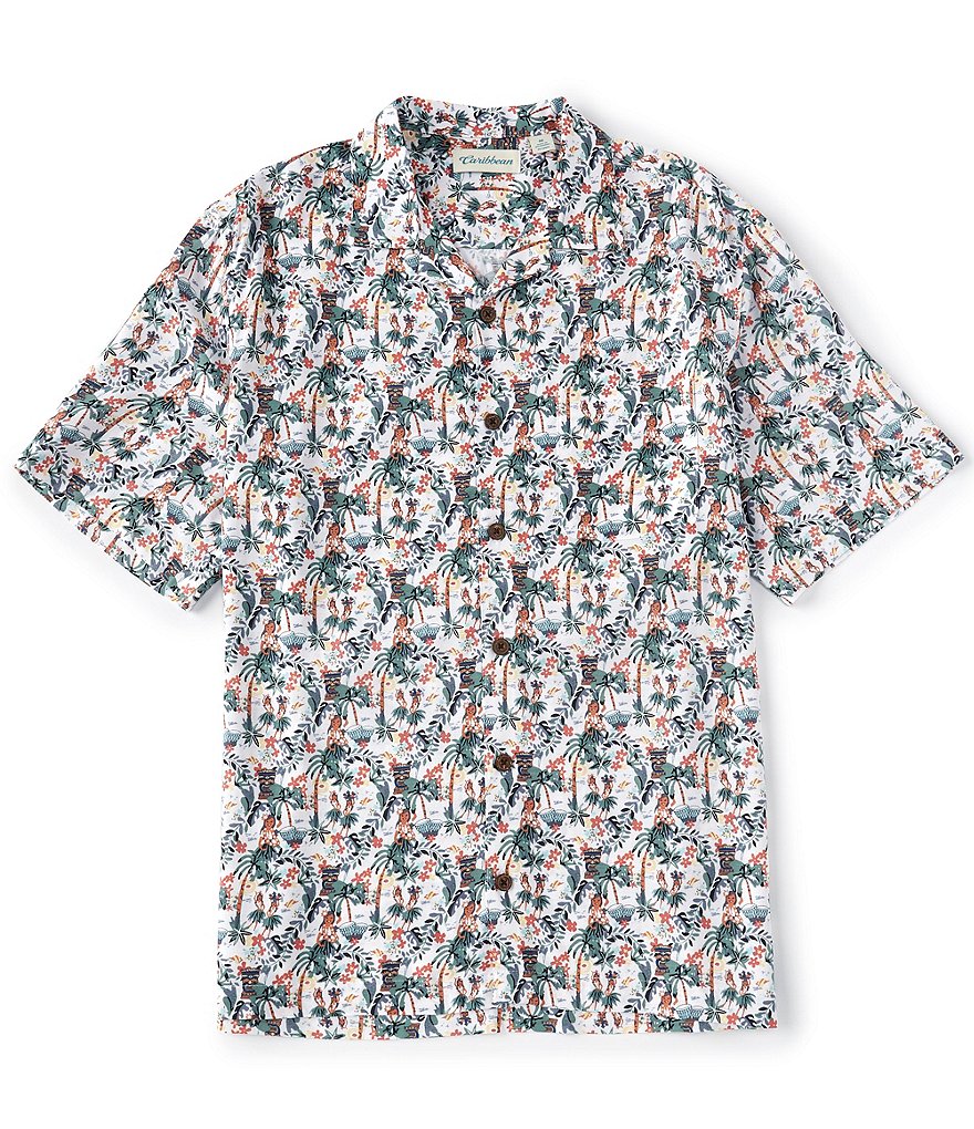 Caribbean Tiki Print Green Short-Sleeve Woven Camp Shirt