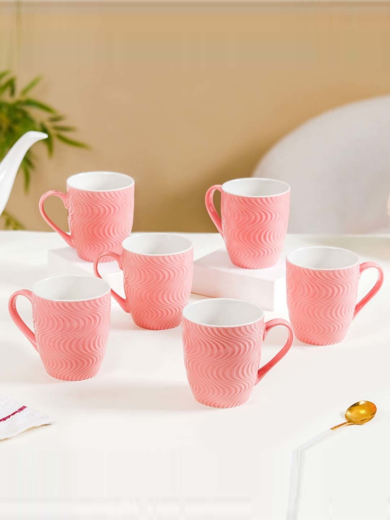 Nestasia Ocean Waves Pink Textured Ceramic Mugs Set Of 6 230ml