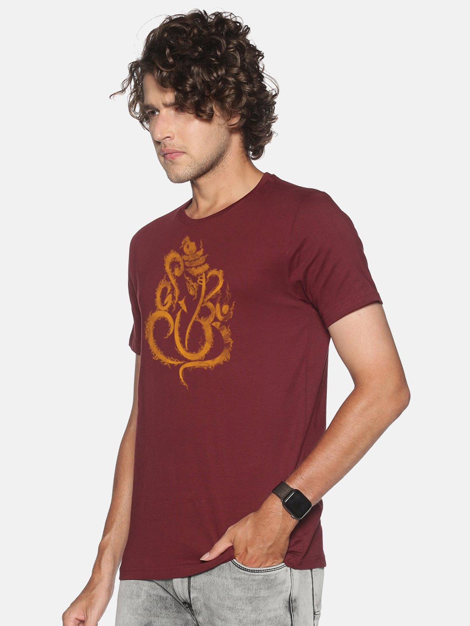 BLACK RADIO Maroon Slim Fit Printed Cotton Crew T-Shirt