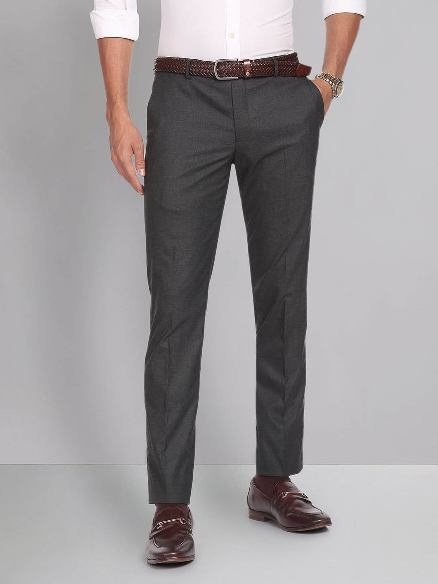 AD by Arvind Dark Grey Slim Fit Flat Front Trousers