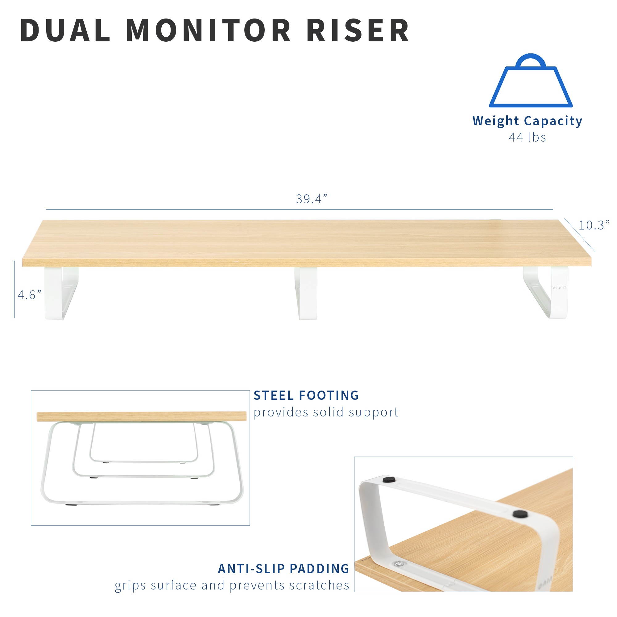 VIVO 39" Desktop Stand TV, Dual Monitor Riser & Desk Tabletop Organizer, Light Wood Top, White Legs (STAND-V000WL)