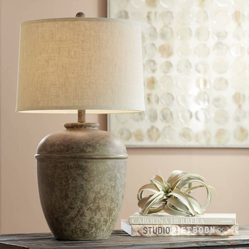 John Timberland Rustic Table Lamp Southwest Faux Mottled Stone Cream Linen Drum Shade Living Room Bedroom Bedside Office Family